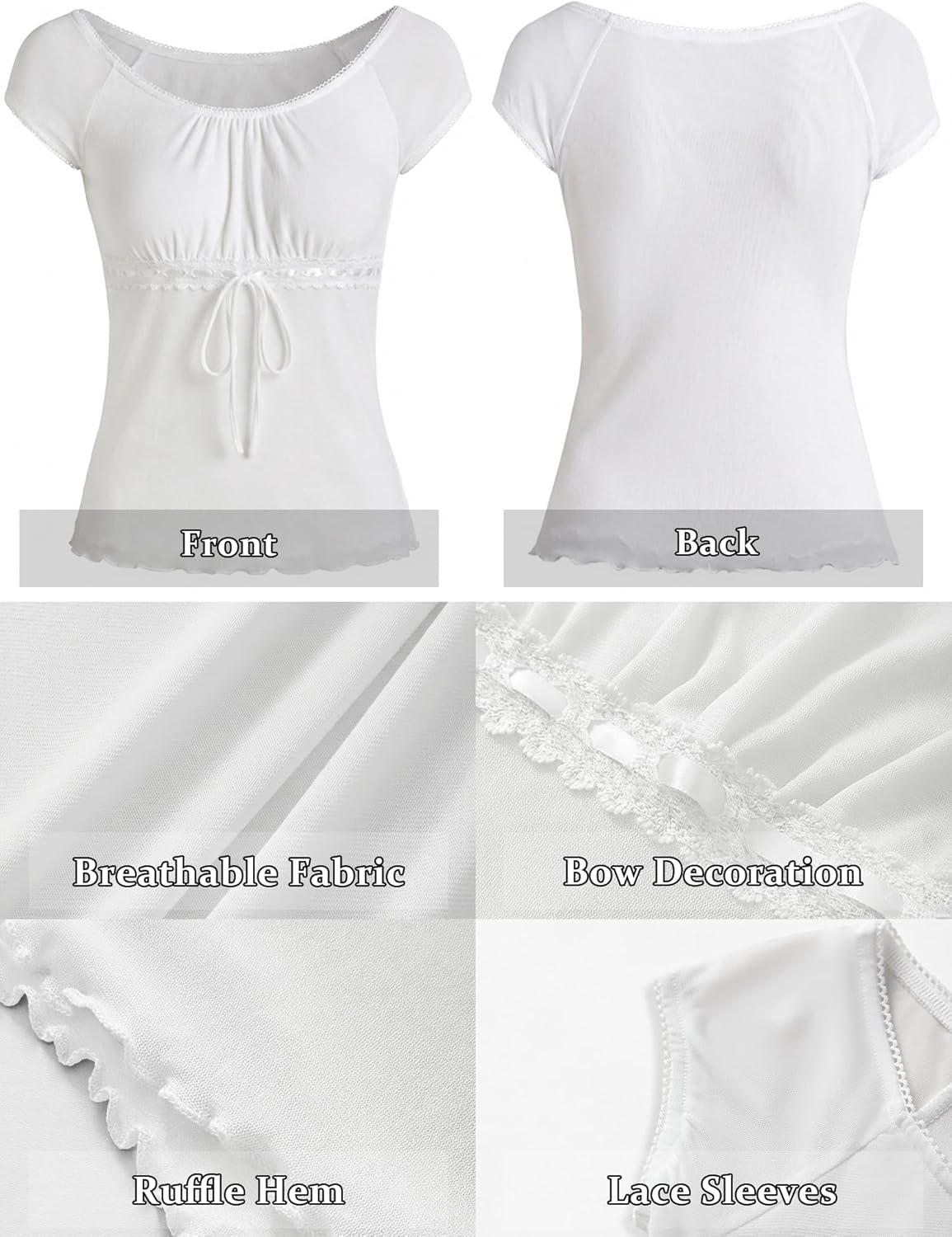 image:imageY2K Mesh Top Women Babydoll Short Sleeve Shirt Scoop Neck Ruffle Hem ClothesWhite