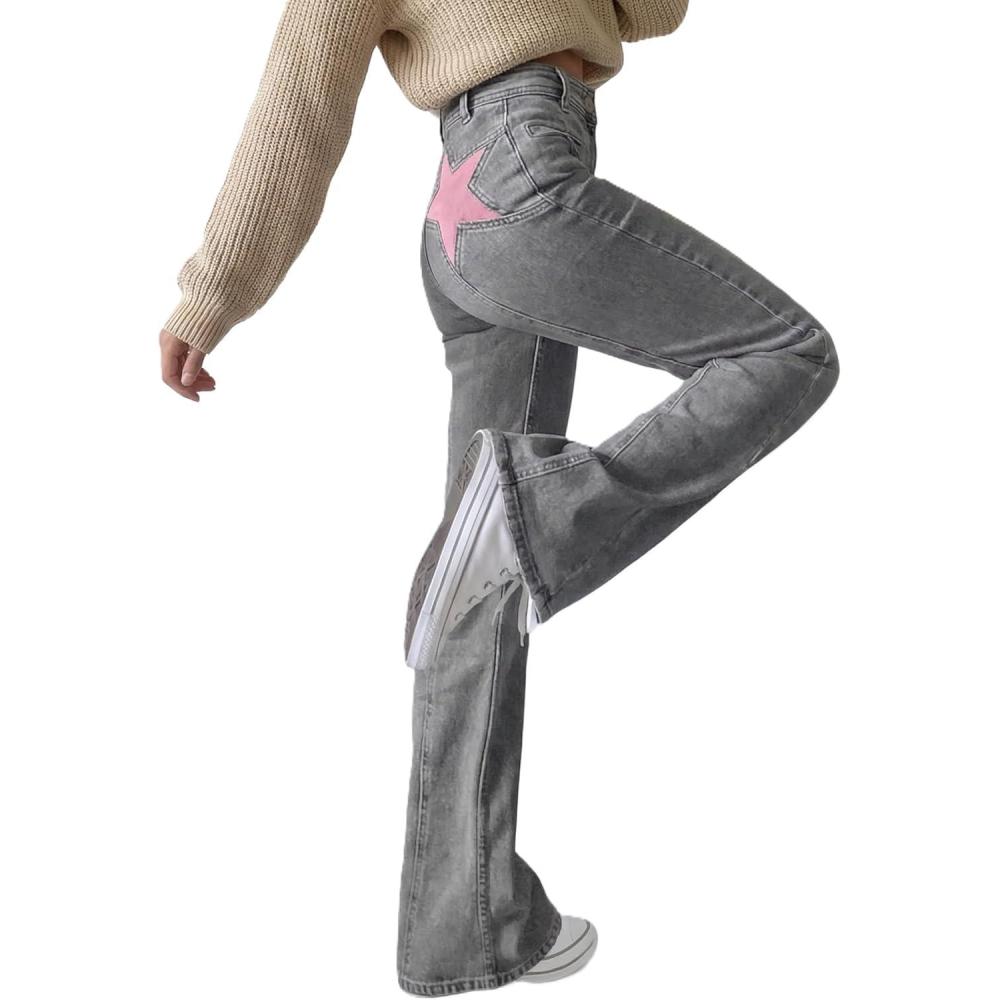image:imageEMMIOL Jeans for Women High Waisted Womens Jeans with Star Patches Vintage Y2K Denim PantsFlare StyleGreypink Flare