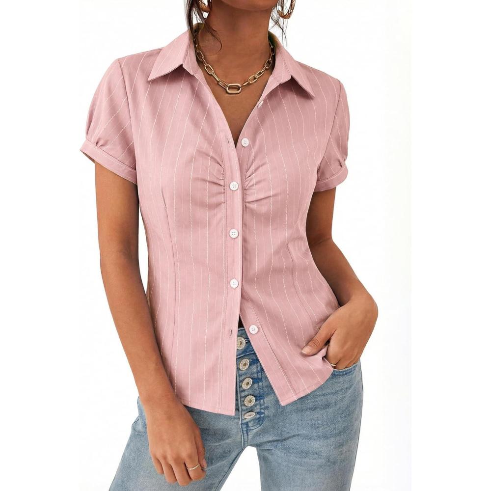image:imageEMMIOL Y2k Button Down Shirts for Women Short Sleeve Striped Slim Fit V Neck Collared Crop Tops Work Casual Summer BlousePink