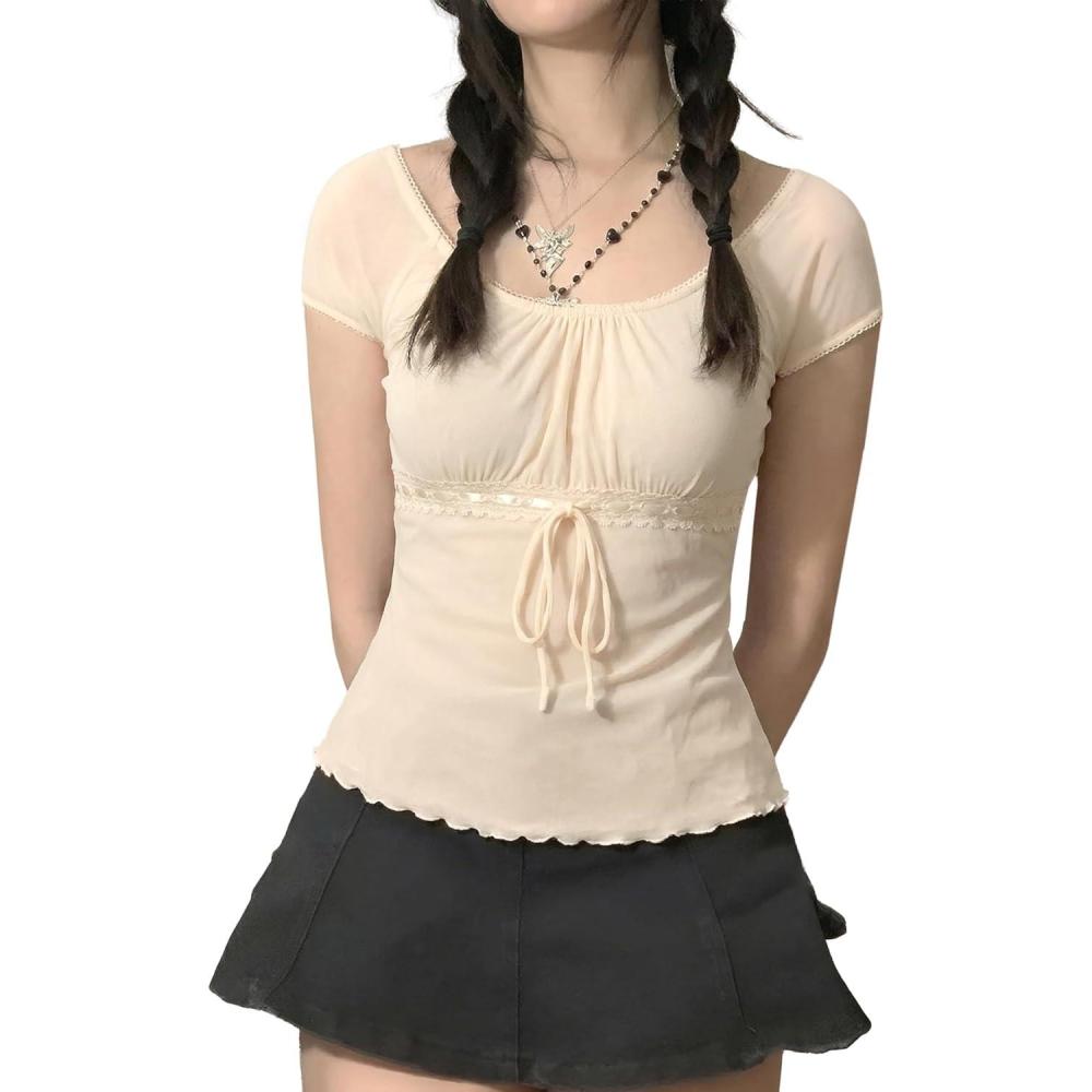 image:imageY2K Mesh Top Women Babydoll Short Sleeve Shirt Scoop Neck Ruffle Hem ClothesBeige