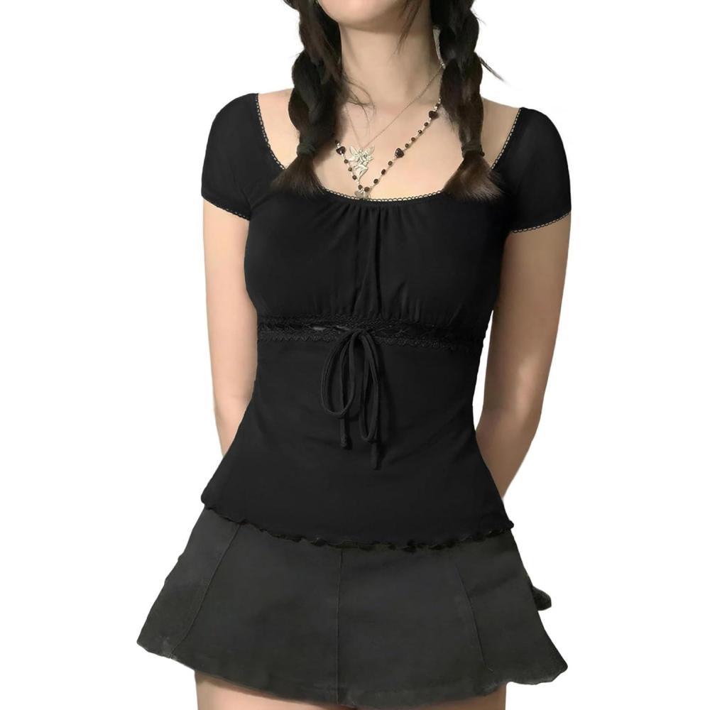 image:imageY2K Mesh Top Women Babydoll Short Sleeve Shirt Scoop Neck Ruffle Hem ClothesBlack