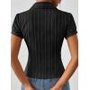 EMMIOL Y2k Button Down Shirts for Women – Short Sleeve Striped Slim Fit V Neck Collared Crop Tops Work Casual Summer Blouse(Black)