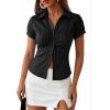 EMMIOL Y2k Button Down Shirts for Women – Short Sleeve Striped Slim Fit V Neck Collared Crop Tops Work Casual Summer Blouse(Black)