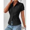 EMMIOL Y2k Button Down Shirts for Women – Short Sleeve Striped Slim Fit V Neck Collared Crop Tops Work Casual Summer Blouse(Black)