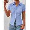 EMMIOL Y2k Button Down Shirts for Women – Short Sleeve Striped Slim Fit V Neck Collared Crop Tops Work Casual Summer Blouse(Blue)