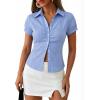 EMMIOL Y2k Button Down Shirts for Women – Short Sleeve Striped Slim Fit V Neck Collared Crop Tops Work Casual Summer Blouse(Blue)