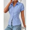 EMMIOL Y2k Button Down Shirts for Women – Short Sleeve Striped Slim Fit V Neck Collared Crop Tops Work Casual Summer Blouse(Blue)