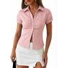 EMMIOL Y2k Button Down Shirts for Women – Short Sleeve Striped Slim Fit V Neck Collared Crop Tops Work Casual Summer Blouse(Pink)