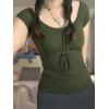 Y2K Mesh Top Women Babydoll Short Sleeve Shirt Scoop Neck Ruffle Hem Clothes(Army Green)