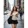 Y2K Mesh Top Women Babydoll Short Sleeve Shirt Scoop Neck Ruffle Hem Clothes(Beige)