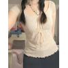 Y2K Mesh Top Women Babydoll Short Sleeve Shirt Scoop Neck Ruffle Hem Clothes(Beige)