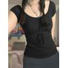 Y2K Mesh Top Women Babydoll Short Sleeve Shirt Scoop Neck Ruffle Hem Clothes(Black)