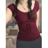 Y2K Mesh Top Women Babydoll Short Sleeve Shirt Scoop Neck Ruffle Hem Clothes(Burgundy)