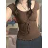 Y2K Mesh Top Women Babydoll Short Sleeve Shirt Scoop Neck Ruffle Hem Clothes(Coffee Brown)