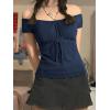 Y2K Mesh Top Women Babydoll Short Sleeve Shirt Scoop Neck Ruffle Hem Clothes(Navy Blue)