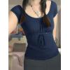 Y2K Mesh Top Women Babydoll Short Sleeve Shirt Scoop Neck Ruffle Hem Clothes(Navy Blue)