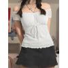 Y2K Mesh Top Women Babydoll Short Sleeve Shirt Scoop Neck Ruffle Hem Clothes(White)