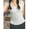 Y2K Mesh Top Women Babydoll Short Sleeve Shirt Scoop Neck Ruffle Hem Clothes(White)