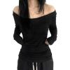 EMMIOL Off The Shoulder Tops for Women Striped Long Sleeve Shirts Going Out Top Y2k Fall Clothes(Black Soild)