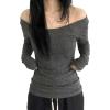 EMMIOL Off The Shoulder Tops for Women Striped Long Sleeve Shirts Going Out Top Y2k Fall Clothes(Deep Grey Soild)
