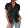 EMMIOL Y2k Button Down Shirts for Women – Short Sleeve Striped Slim Fit V Neck Collared Crop Tops Work Casual Summer Blouse(Black)