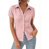 EMMIOL Y2k Button Down Shirts for Women – Short Sleeve Striped Slim Fit V Neck Collared Crop Tops Work Casual Summer Blouse(Pink)