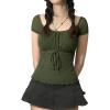Y2K Mesh Top Women Babydoll Short Sleeve Shirt Scoop Neck Ruffle Hem Clothes(Army Green)