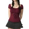 Y2K Mesh Top Women Babydoll Short Sleeve Shirt Scoop Neck Ruffle Hem Clothes(Burgundy)