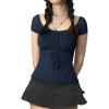 Y2K Mesh Top Women Babydoll Short Sleeve Shirt Scoop Neck Ruffle Hem Clothes(Navy Blue)