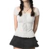Y2K Mesh Top Women Babydoll Short Sleeve Shirt Scoop Neck Ruffle Hem Clothes(White)