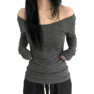 EMMIOL Off The Shoulder Tops for Women Striped Long Sleeve Shirts Going Out Top Y2k Fall Clothes(Deep Grey Soild)
