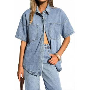 EMMIOL Women Denim Shirts Oversized Long Sleeve Button Down Blouse Distresse Jean Jacket Fall Outfits 2026(Light Blue-short Sleeve)