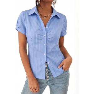 EMMIOL Y2k Button Down Shirts for Women – Short Sleeve Striped Slim Fit V Neck Collared Crop Tops Work Casual Summer Blouse(Blue)