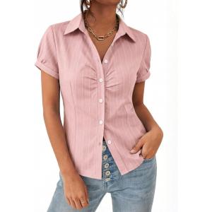 EMMIOL Y2k Button Down Shirts for Women – Short Sleeve Striped Slim Fit V Neck Collared Crop Tops Work Casual Summer Blouse(Pink)