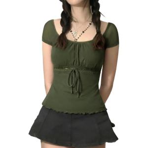 Y2K Mesh Top Women Babydoll Short Sleeve Shirt Scoop Neck Ruffle Hem Clothes(Army Green)