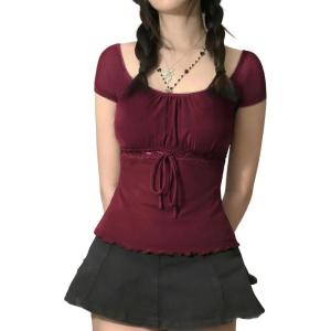 Y2K Mesh Top Women Babydoll Short Sleeve Shirt Scoop Neck Ruffle Hem Clothes(Burgundy)