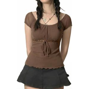 Y2K Mesh Top Women Babydoll Short Sleeve Shirt Scoop Neck Ruffle Hem Clothes(Coffee Brown)