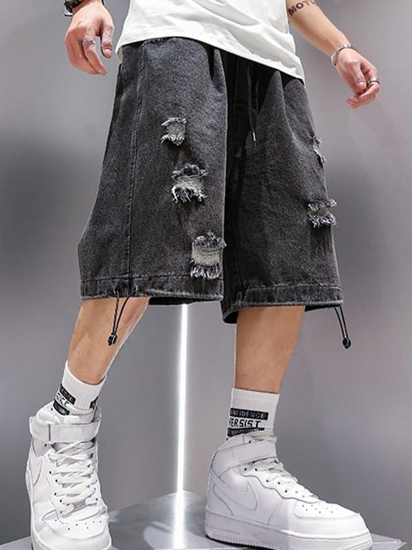 image:imageEMMIOL Baggy Jean Shorts Men 2XL BlueDark Grey y2k Ripped Jorts Elastic Waisted Comfortable Denim Tears Shorts High Waisted and Wide Leg Mens Jeans Loose fit Vintage Hip Hop Streetwear Summer