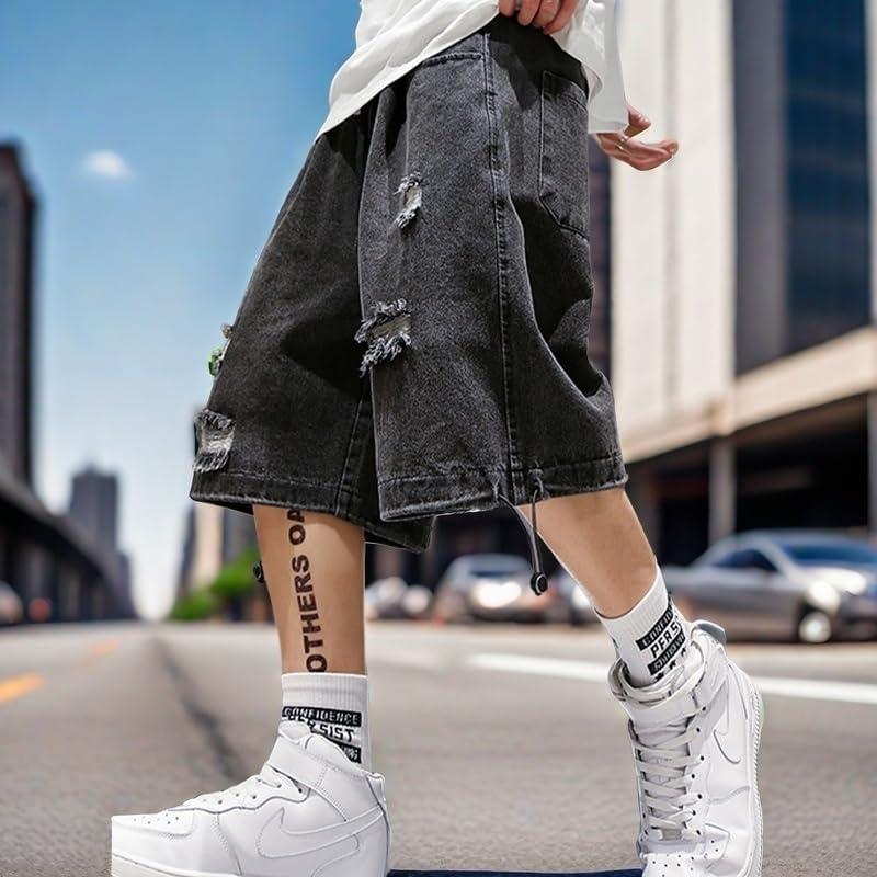 image:imageEMMIOL Baggy Jean Shorts Men 2XL BlueDark Grey y2k Ripped Jorts Elastic Waisted Comfortable Denim Tears Shorts High Waisted and Wide Leg Mens Jeans Loose fit Vintage Hip Hop Streetwear Summer