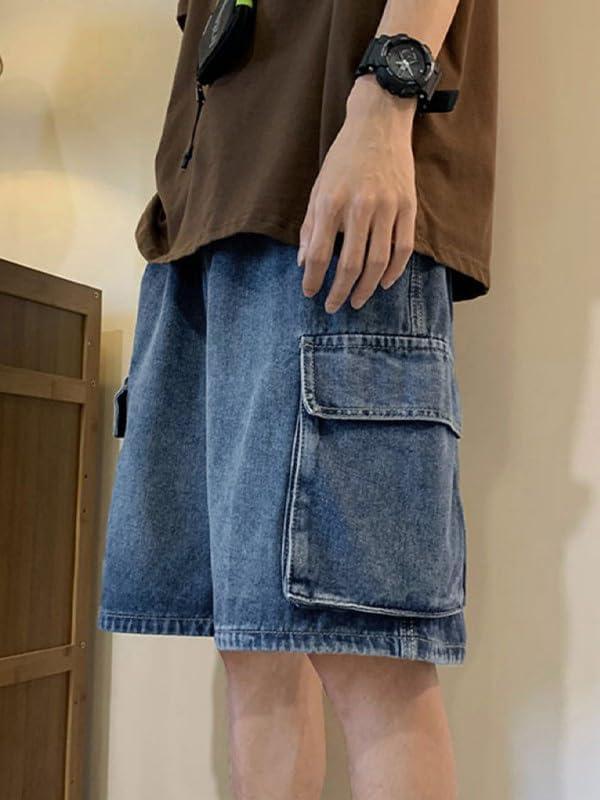 image:imageEMMIOL Baggy Jean Shorts Men L BlueBlack y2k Cargo Jorts Elastic Denim Shorts with Pockets Mens Jeans Loose fit Vintage Streetwear Summer
