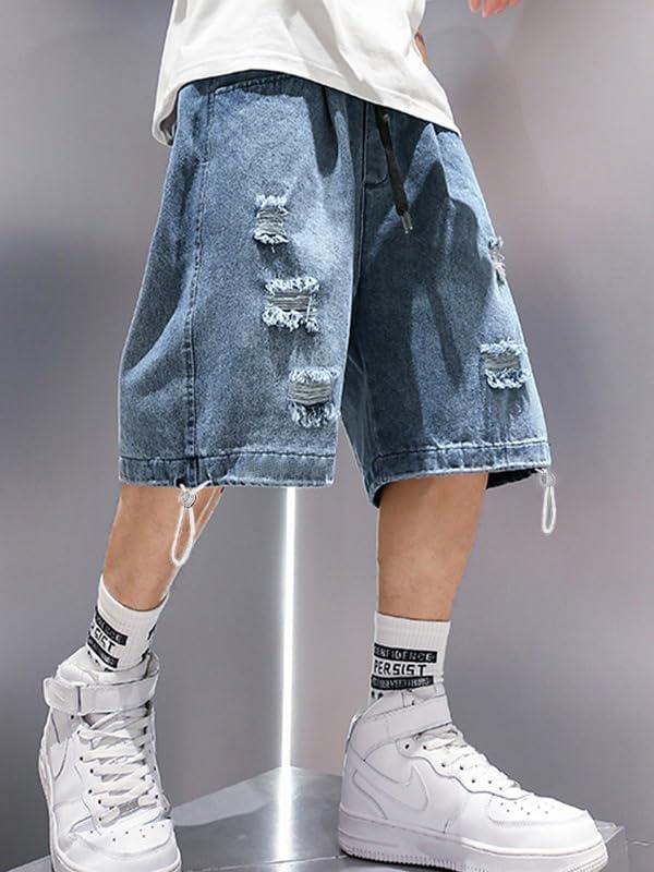image:imageEMMIOL Baggy Jean Shorts Men L BlueDrak Grey y2k Ripped Jorts Elastic Denim Shorts Mens Jeans Loose fit Vintage Streetwear Summer