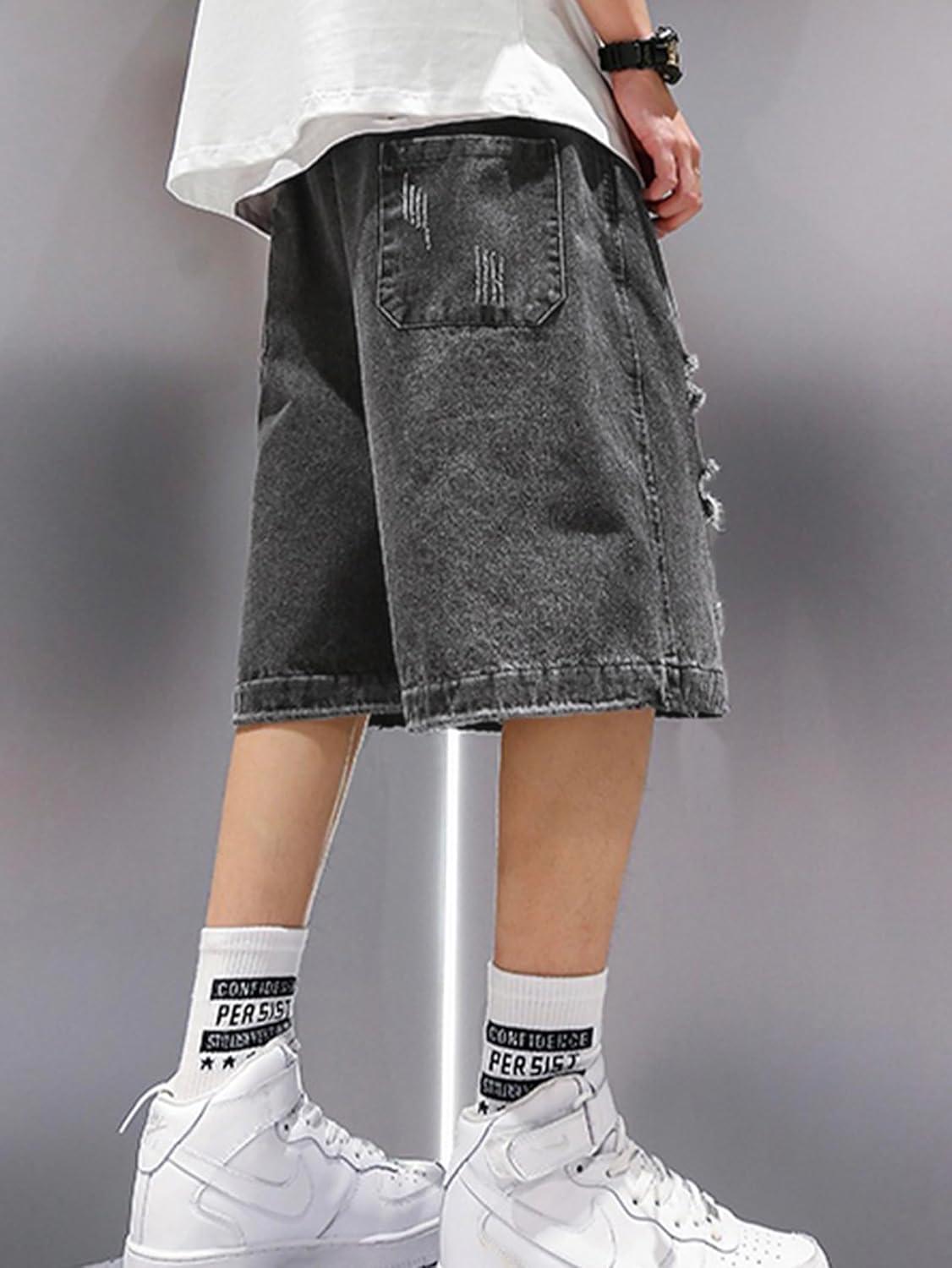 image:imageEMMIOL Baggy Jean Shorts Men L BlueDrak Grey y2k Ripped Jorts Elastic Denim Shorts Mens Jeans Loose fit Vintage Streetwear Summer
