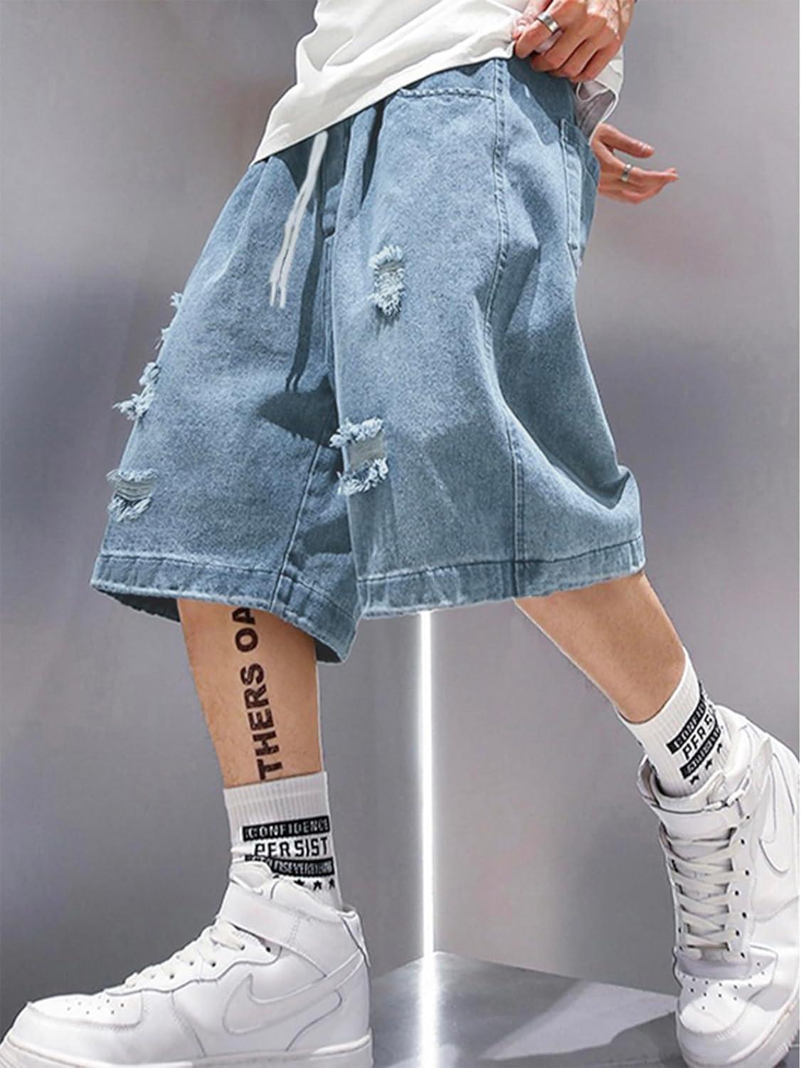 image:imageEMMIOL Baggy Jean Shorts Men S BlueDark Grey Y2k Ripped Jorts Elastic Denim Shorts Mens Jeans Loose fit Vintage Streetwear Summer