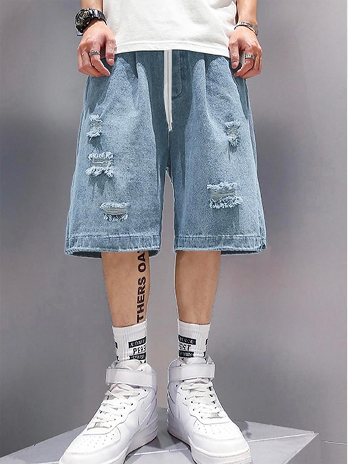 image:imageEMMIOL Baggy Jean Shorts Men S BlueDark Grey Y2k Ripped Jorts Elastic Denim Shorts Mens Jeans Loose fit Vintage Streetwear Summer