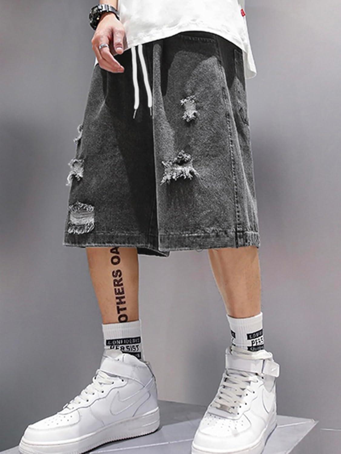 image:imageEMMIOL Baggy Jean Shorts Men S BlueDark Grey Y2k Ripped Jorts Elastic Denim Shorts Mens Jeans Loose fit Vintage Streetwear Summer