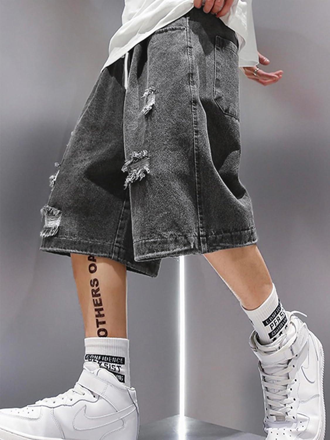 image:imageEMMIOL Baggy Jean Shorts Men S BlueDark Grey Y2k Ripped Jorts Elastic Denim Shorts Mens Jeans Loose fit Vintage Streetwear Summer