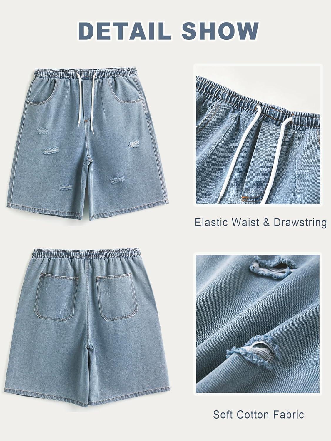image:imageEMMIOL Baggy Jean Shorts Men XL BlueDark Grey Y2k Ripped Jorts Elastic Denim Shorts Mens Jeans Loose fit Vintage Streetwear Summer