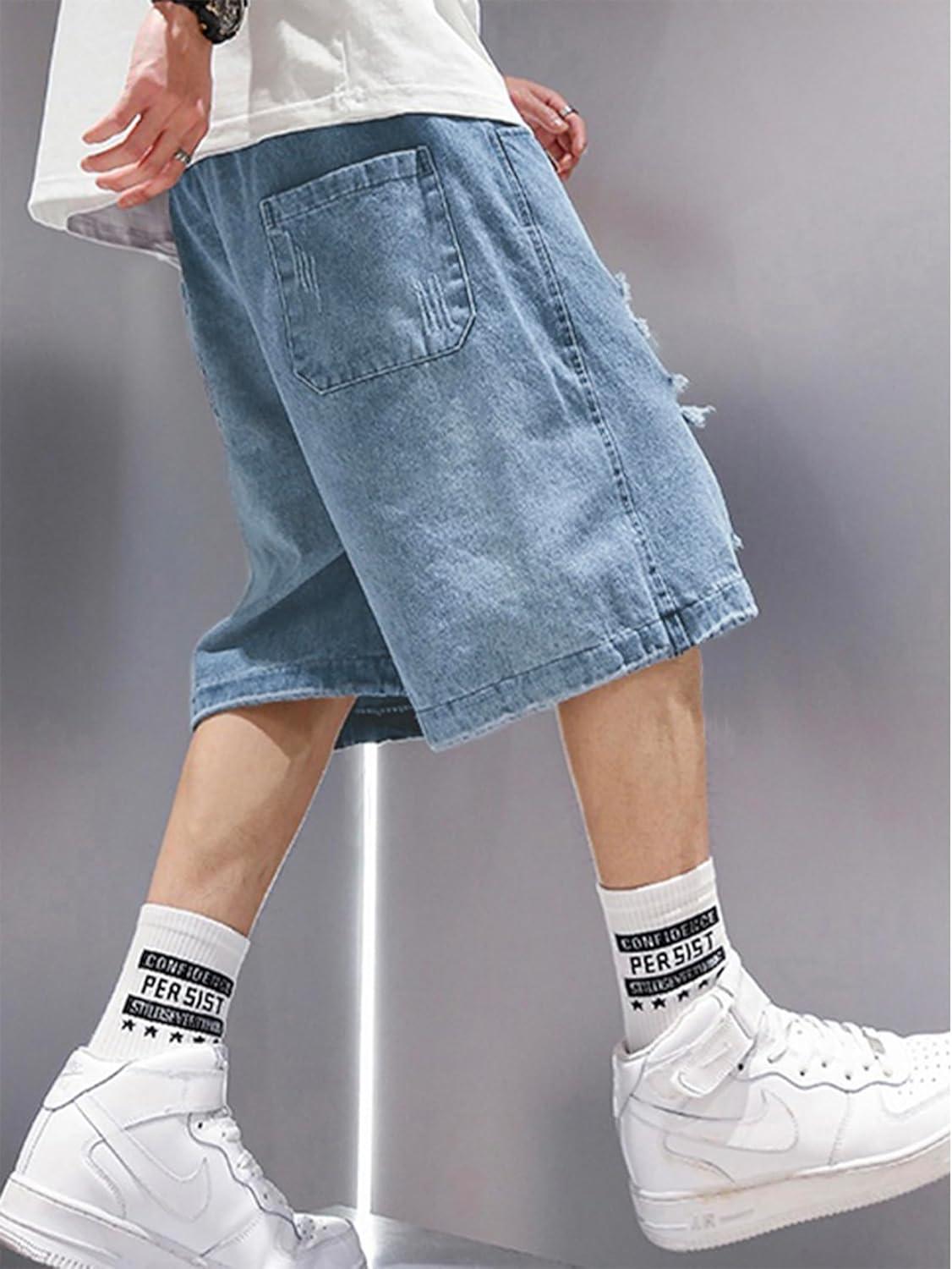 image:imageEMMIOL Baggy Jean Shorts Men XL BlueDark Grey Y2k Ripped Jorts Elastic Denim Shorts Mens Jeans Loose fit Vintage Streetwear Summer