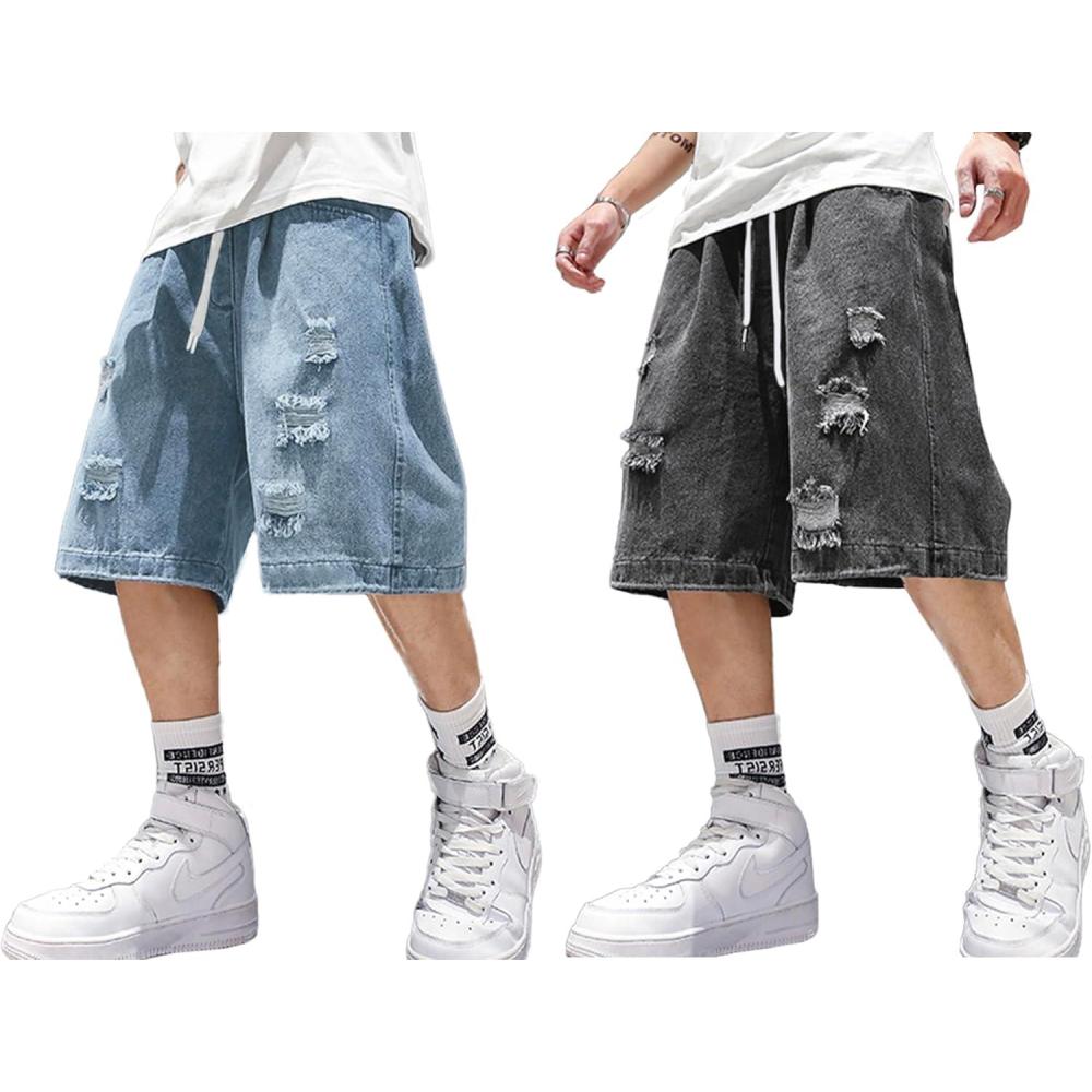 image:imageEMMIOL Baggy Jean Shorts Men 2XL BlueDark Grey y2k Ripped Jorts Elastic Waisted Comfortable Denim Tears Shorts High Waisted and Wide Leg Mens Jeans Loose fit Vintage Hip Hop Streetwear Summer