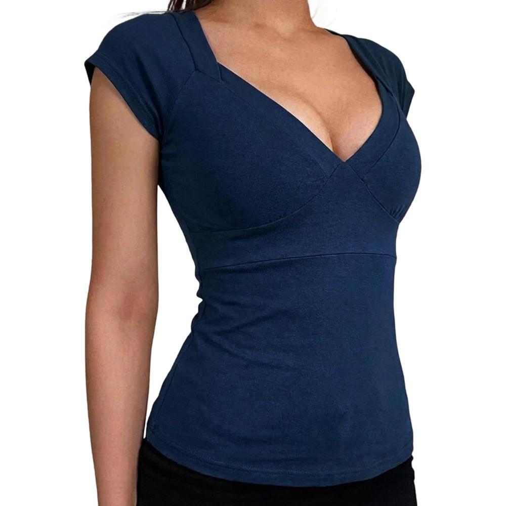image:imageEMMIOL Sexy V Neck T Shirts for Women Short Sleeve Slim Fit Bow Bandage Cute Crop Tops Y2k Summer Trendy Going Out ClothesDark Blue